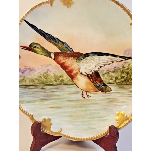 A K LIMOGES FRANCE Hand Painted Porcelain Mallard Bird Plate Gold Trim Signed - Picture 2 of 8
